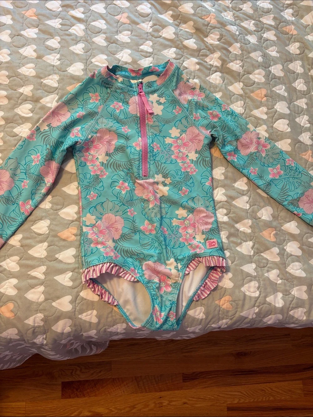 Ruffle Butts Turquoise & Pink Floral Long-Sleeve One-Piece Swimsuit